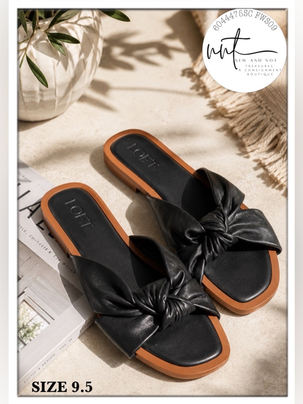 LOFT Knotted Leather Slide Sandals Black Square Toe Women’s Size 9.5 NWOT